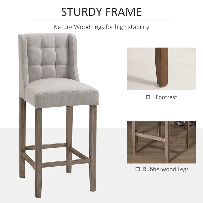 HOMCOM Modern Bar Height Bar Stools Set of 2 Tufted Upholstered Pub Chairs with Back Rubber Wood Legs for Kitchen,Dining Room