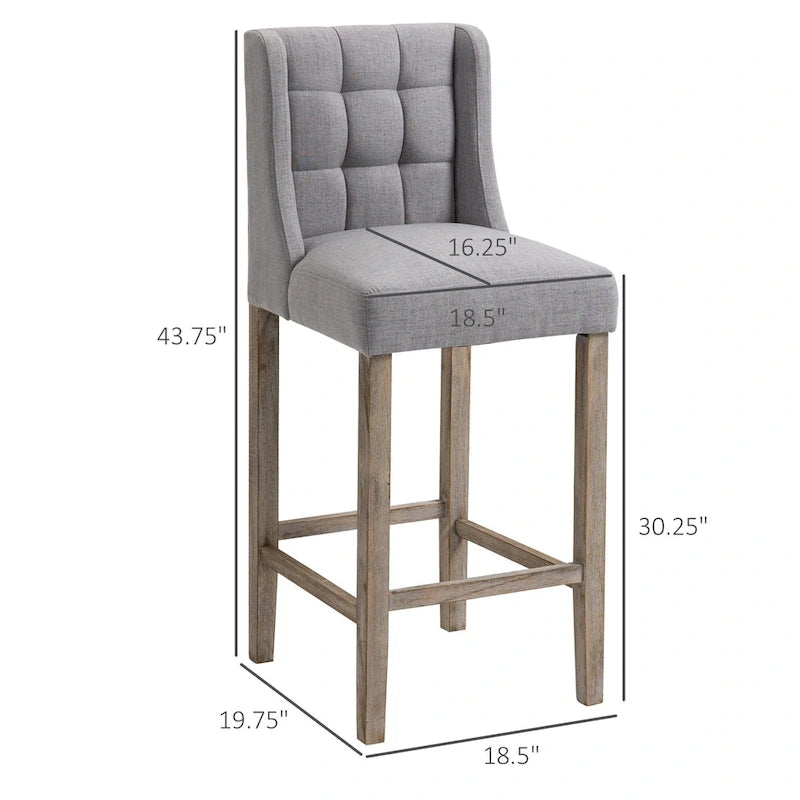 HOMCOM Modern Bar Height Bar Stools Set of 2 Tufted Upholstered Pub Chairs with Back Rubber Wood Legs for Kitchen,Dining Room