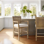Tabouret de bar à dossier en rotin naturel recyclé/crème