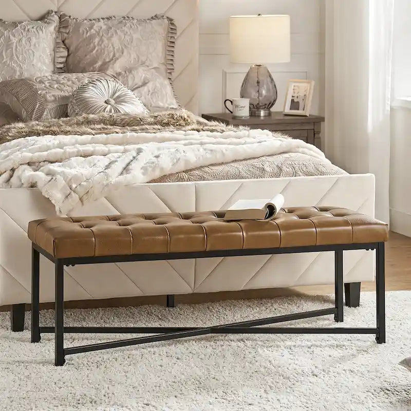 Eberhard Modern 50.5 Genuine Leather Upholstered Bench with Metal Legs by HULALA HOME