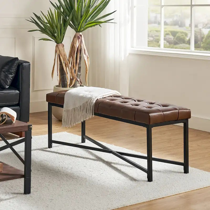 Eberhard Modern 50.5 Genuine Leather Upholstered Bench with Metal Legs by HULALA HOME
