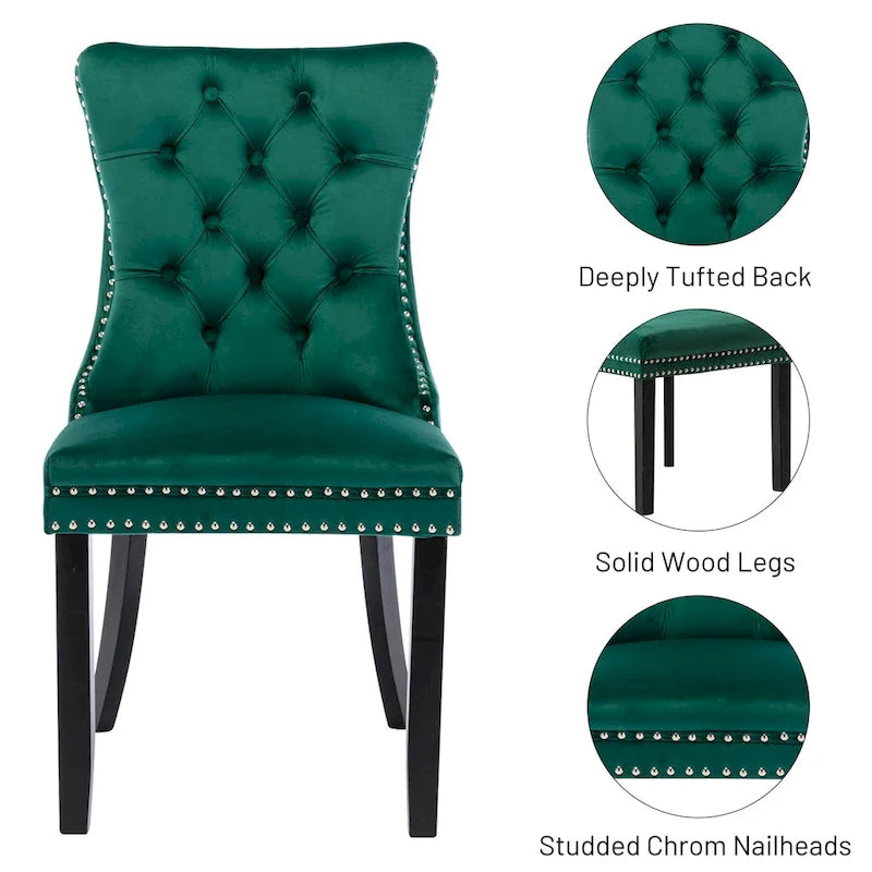 Velvet Dining Chairs Set of 2, Upholstered High-end Tufted Dining Room Chair with Nailhead Back Ring Pull Trim Solid Wood Legs