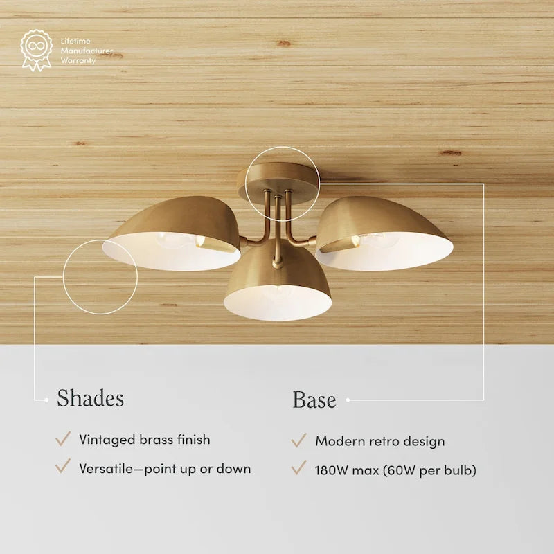 Nathan James Argo Semi Flush Ceiling Mount 3-Light Fixture with Retro Rounded Shade