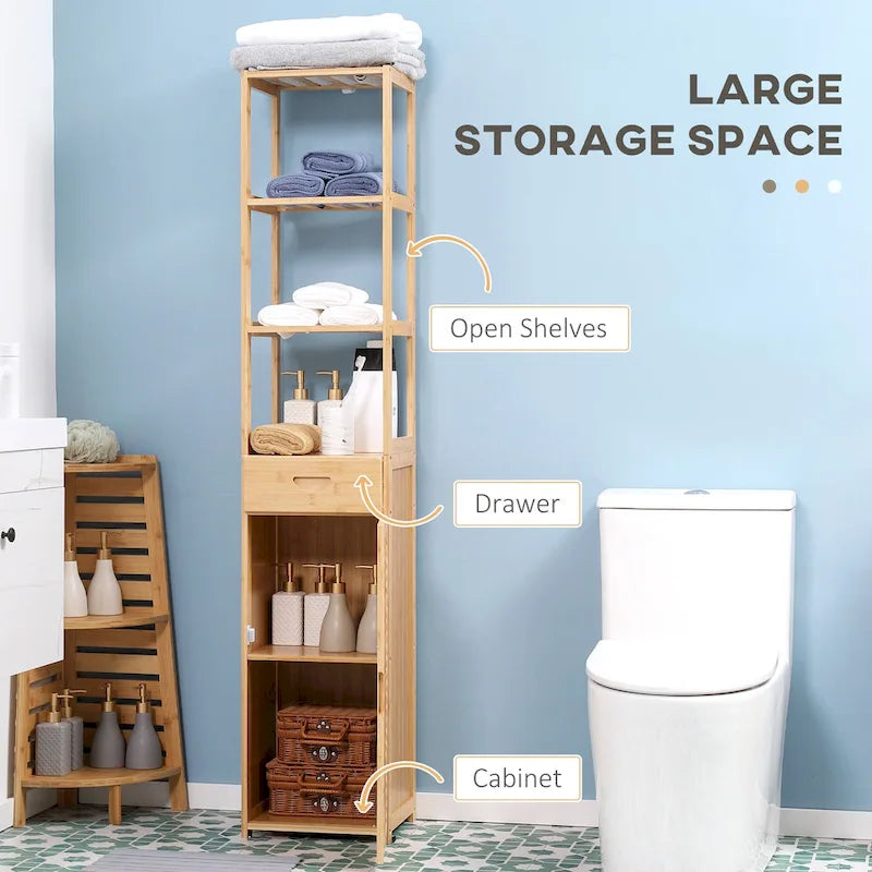kleankin Tall Bathroom Cabinet with Drawer and Slatted Shelves, Slim Bamboo Linen Tower with Louvered Door