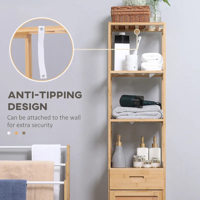 kleankin Tall Bathroom Cabinet with Drawer and Slatted Shelves, Slim Bamboo Linen Tower with Louvered Door