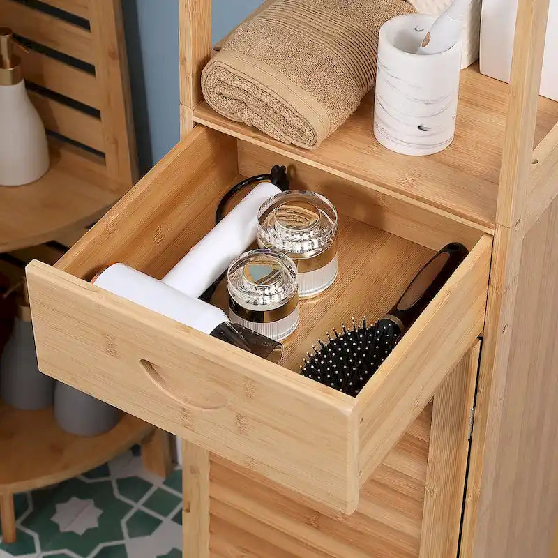 kleankin Tall Bathroom Cabinet with Drawer and Slatted Shelves, Slim Bamboo Linen Tower with Louvered Door
