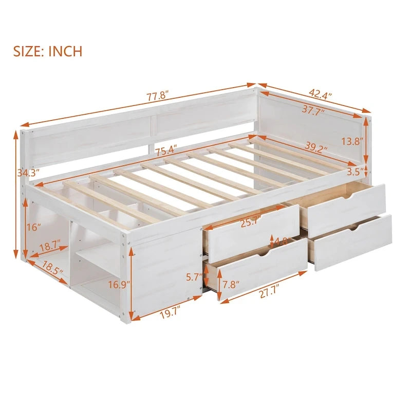 Twin Size Daybed with Drawers and Shelves, Gray