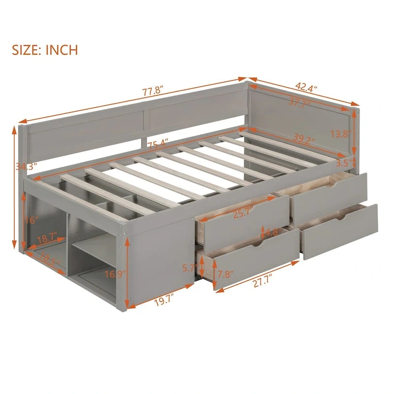 Twin Size Daybed with Drawers and Shelves, Gray