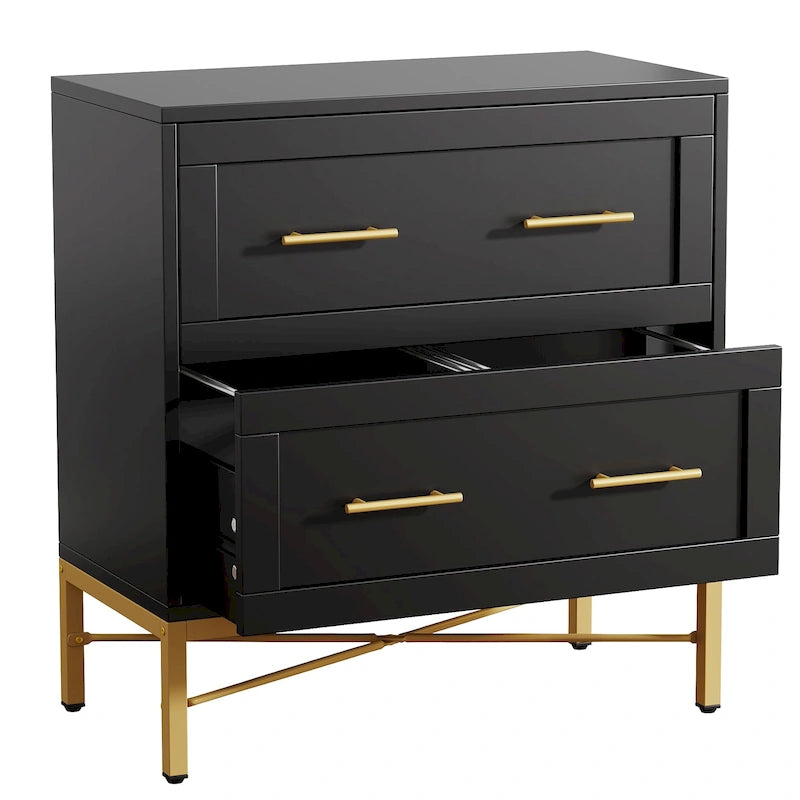 32 Inch File Cabinet, Modern 2 Drawer Lateral Filing Cabinet for Letter/Legal/A4 Size, for Home Office, White Gold