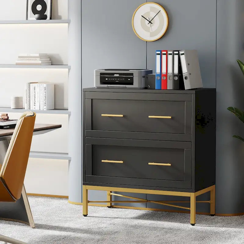 32 Inch File Cabinet, Modern 2 Drawer Lateral Filing Cabinet for Letter/Legal/A4 Size, for Home Office, White Gold