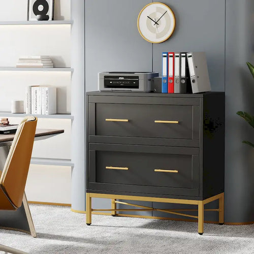 32 Inch File Cabinet, Modern 2 Drawer Lateral Filing Cabinet for Letter/Legal/A4 Size, for Home Office, White Gold
