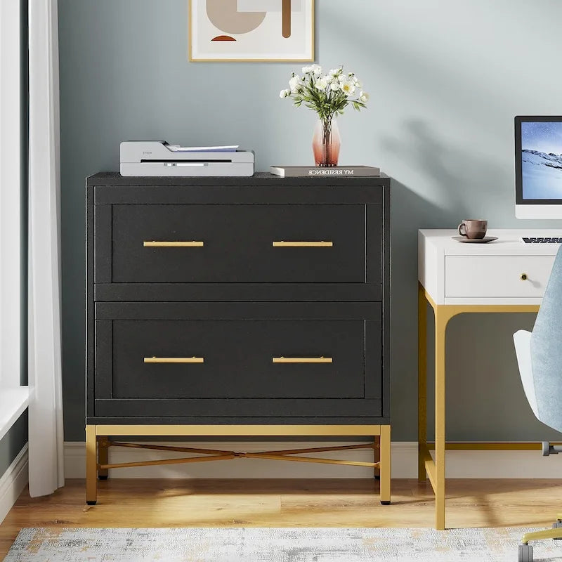 32 Inch File Cabinet, Modern 2 Drawer Lateral Filing Cabinet for Letter/Legal/A4 Size, for Home Office, White Gold