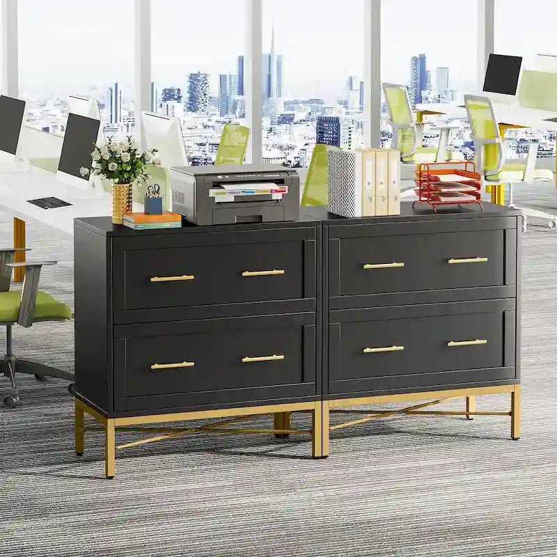 32 Inch File Cabinet, Modern 2 Drawer Lateral Filing Cabinet for Letter/Legal/A4 Size, for Home Office, White Gold