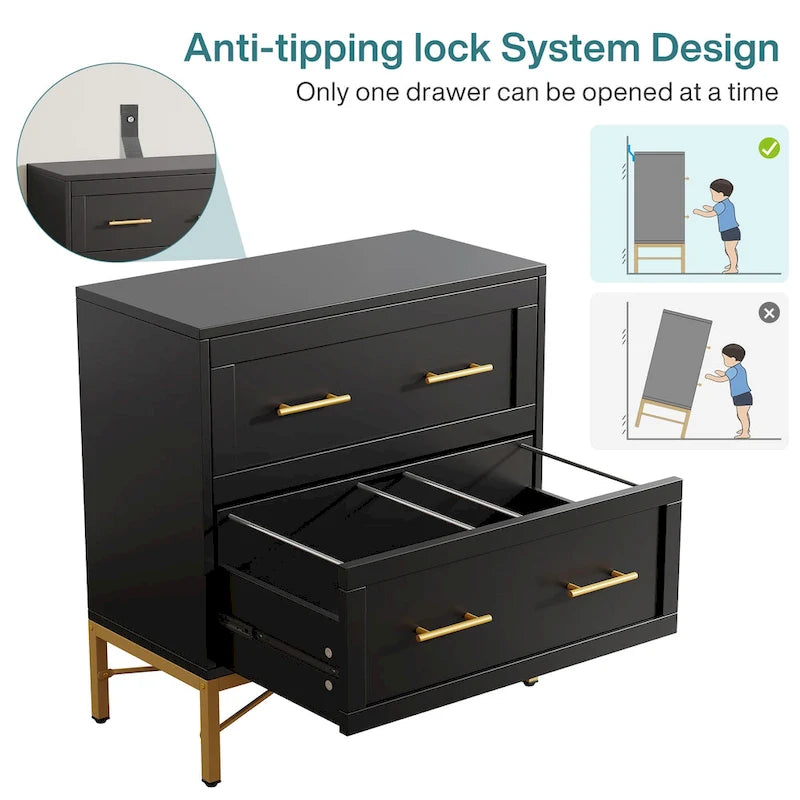 32 Inch File Cabinet, Modern 2 Drawer Lateral Filing Cabinet for Letter/Legal/A4 Size, for Home Office, White Gold