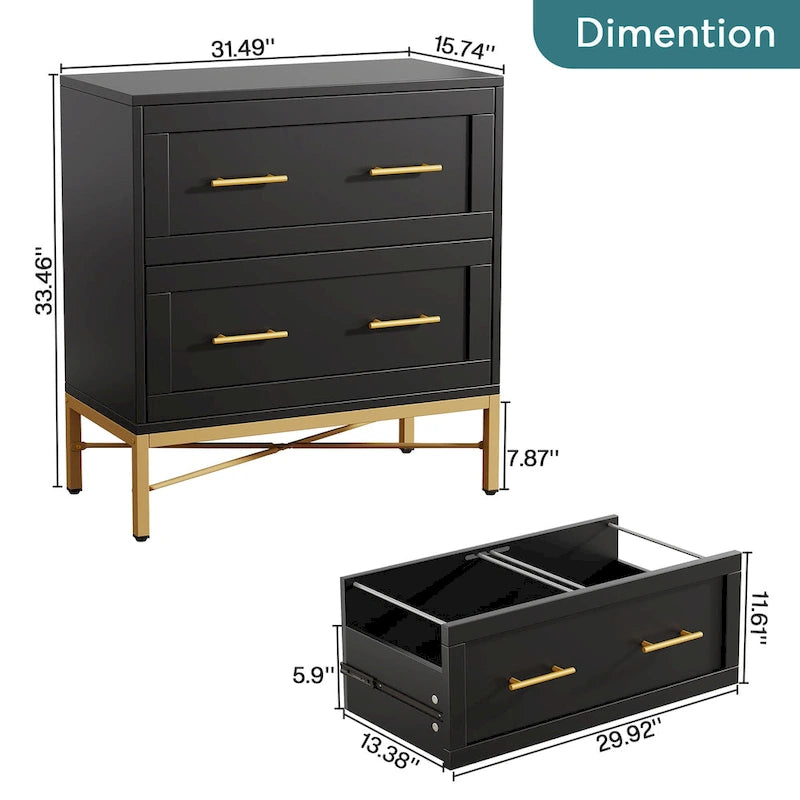 32 Inch File Cabinet, Modern 2 Drawer Lateral Filing Cabinet for Letter/Legal/A4 Size, for Home Office, White Gold