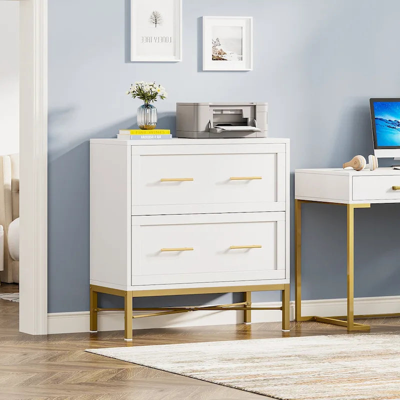 32 Inch File Cabinet, Modern 2 Drawer Lateral Filing Cabinet for Letter/Legal/A4 Size, for Home Office, White Gold