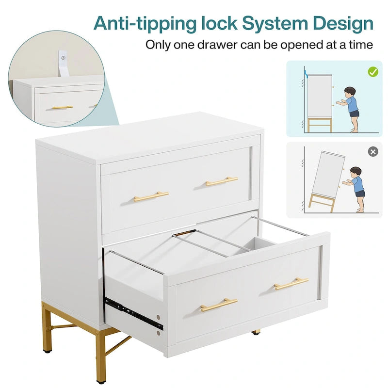32 Inch File Cabinet, Modern 2 Drawer Lateral Filing Cabinet for Letter/Legal/A4 Size, for Home Office, White Gold