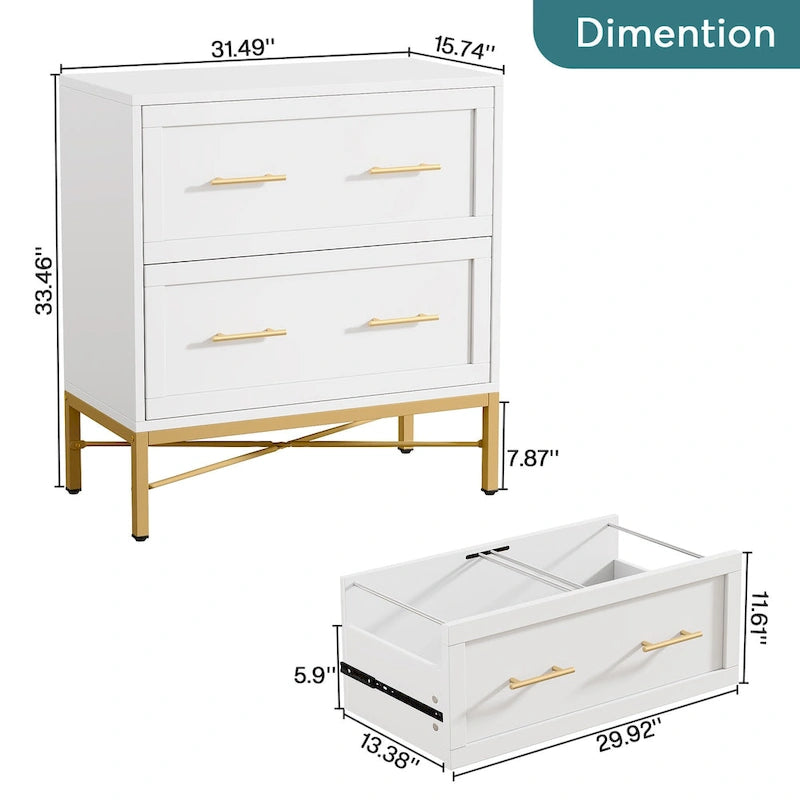 32 Inch File Cabinet, Modern 2 Drawer Lateral Filing Cabinet for Letter/Legal/A4 Size, for Home Office, White Gold