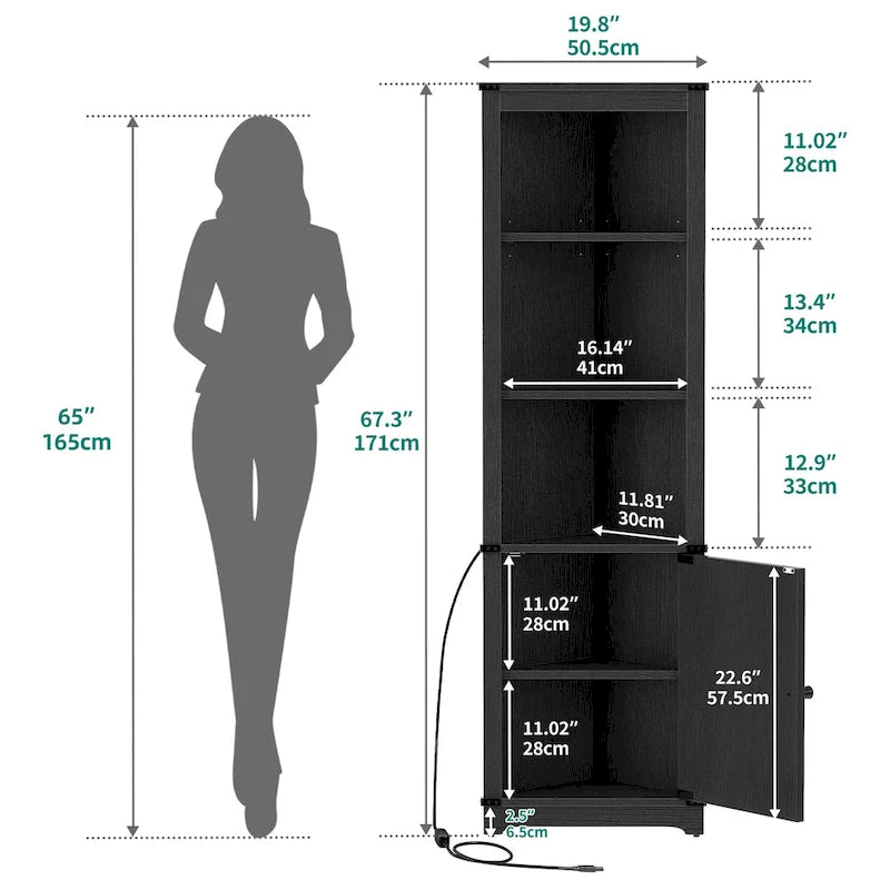 Moasis LED Corner Storage Cabinet with Light Farmhouse Tall Corner Cabinet with Barn Door Design