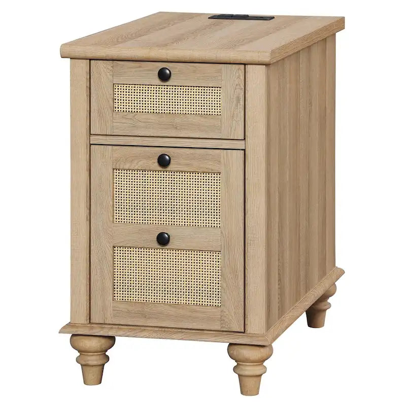 WAMPAT Farmhouse End Table with Charging Station, Wood Sofa Side Table