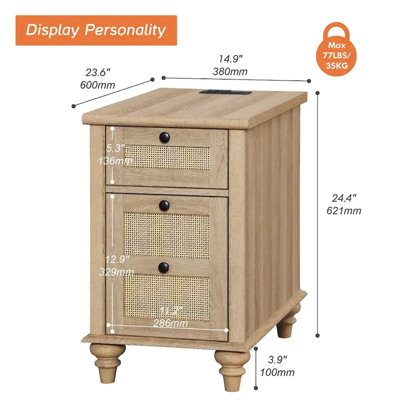 WAMPAT Farmhouse End Table with Charging Station, Wood Sofa Side Table