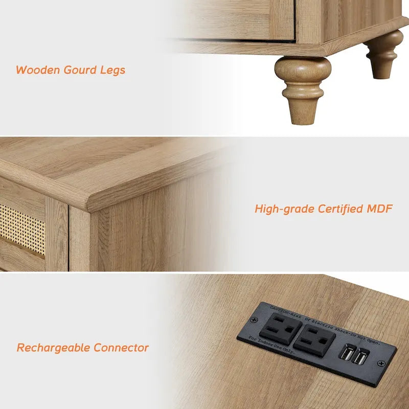 WAMPAT Farmhouse End Table with Charging Station, Wood Sofa Side Table