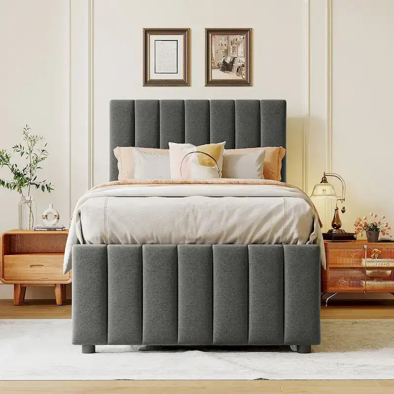 Twin Size Upholstered Platform Bed with Trundle and 3 Drawers, Linen Fabric