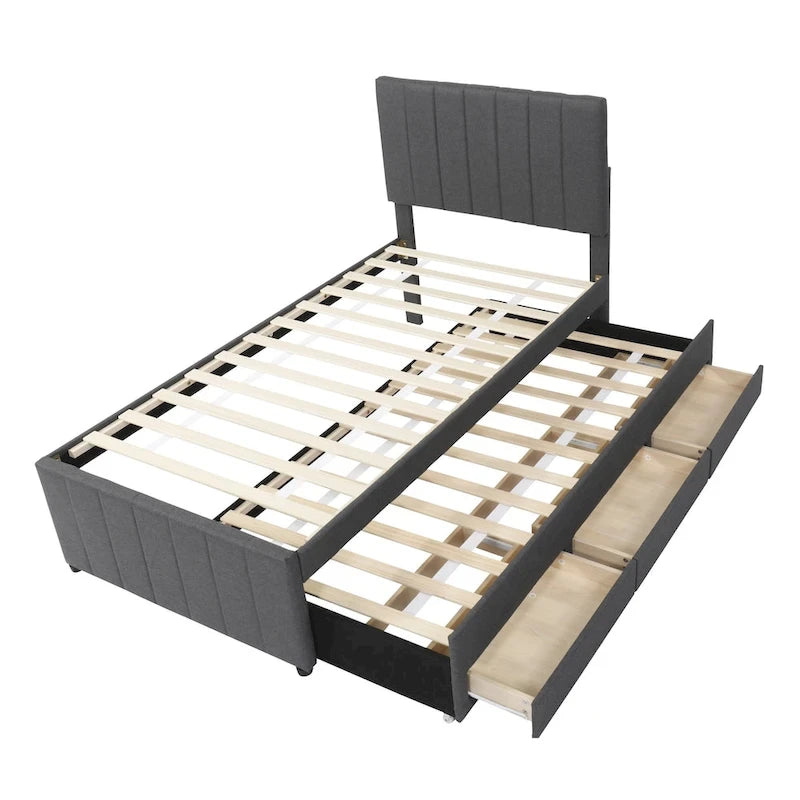 Twin Size Upholstered Platform Bed with Trundle and 3 Drawers, Linen Fabric