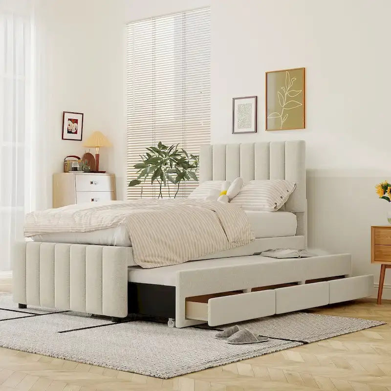 Twin Size Upholstered Platform Bed with Trundle and 3 Drawers, Linen Fabric