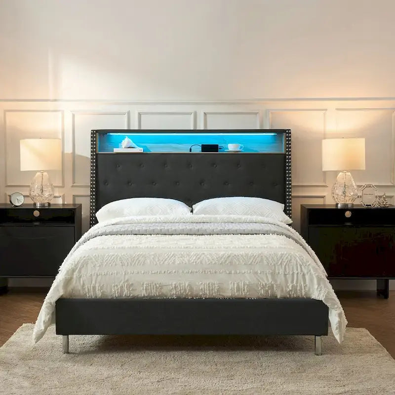Jose Traditional 61.5 Stylish Tufted Bed with Storage Headboard and Warm Night Light by HULALA HOME
