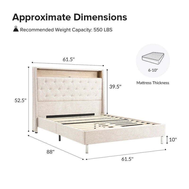 Jose Traditional 61.5 Stylish Tufted Bed with Storage Headboard and Warm Night Light by HULALA HOME
