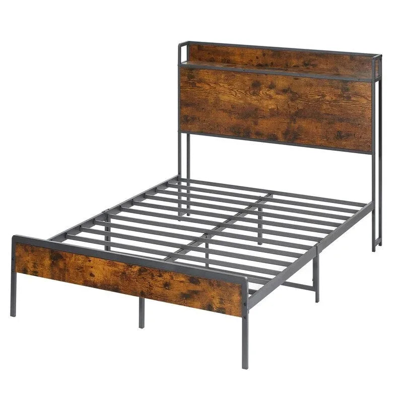 Mieres Queen Size Bed Frame, Platform Bed with Storage Headboard and Charging Station, Non-Slip Without Noise