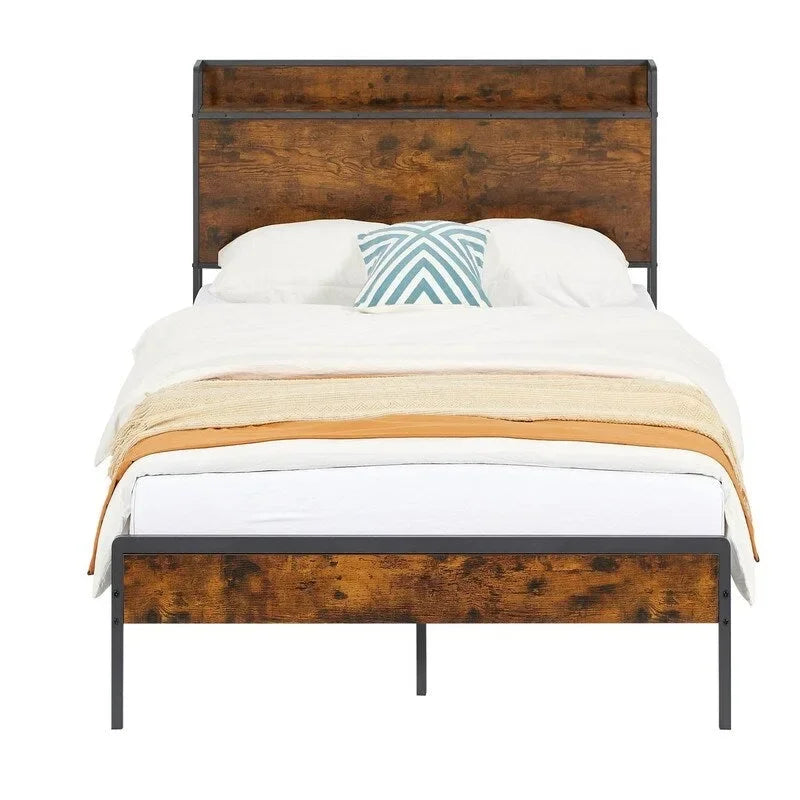 Mieres Queen Size Bed Frame, Platform Bed with Storage Headboard and Charging Station, Non-Slip Without Noise