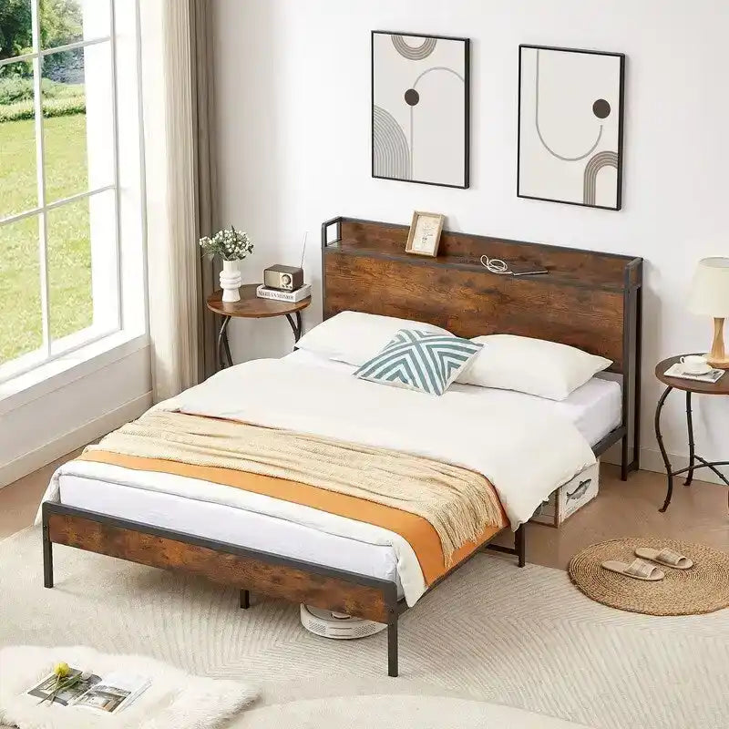 Mieres Queen Size Bed Frame, Platform Bed with Storage Headboard and Charging Station, Non-Slip Without Noise