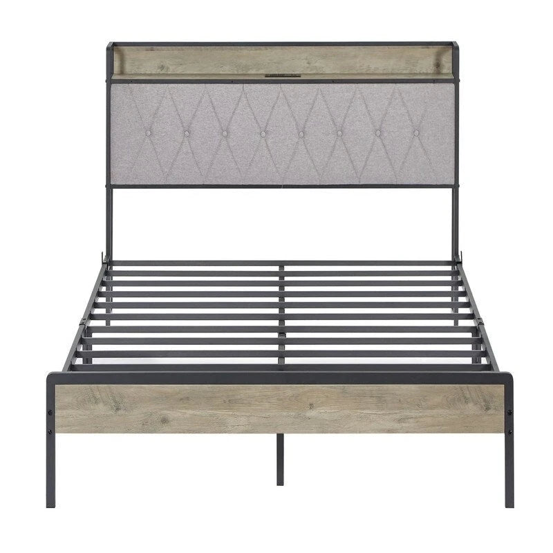 Mieres Queen Size Bed Frame, Platform Bed with Storage Headboard and Charging Station, Non-Slip Without Noise