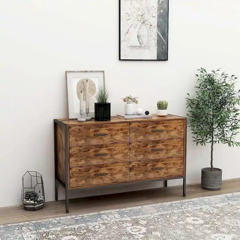 Rustic Brown 6 Drawer Dresser or Set of 2 Nightstands