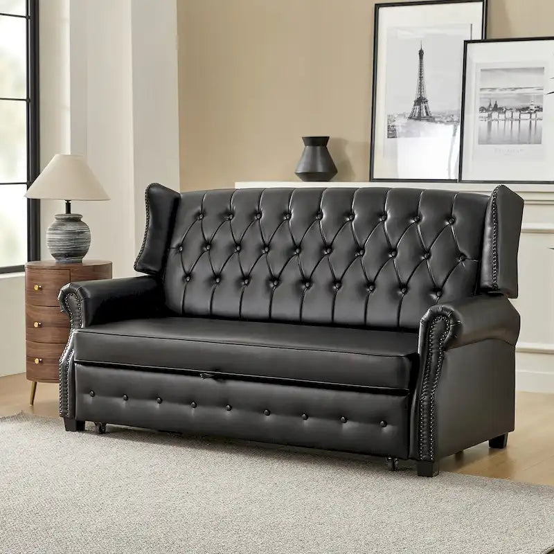 Ruedi Transitional 73.6 Vegan Leather Sofa Bed with Tufted Back and Nailhead by HULALA HOME