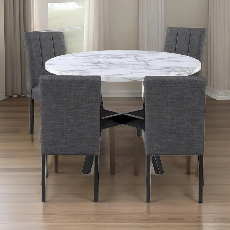 5 Piece Dining Table and Chairs Set, Black Wood, Fabric, Faux Stone Top