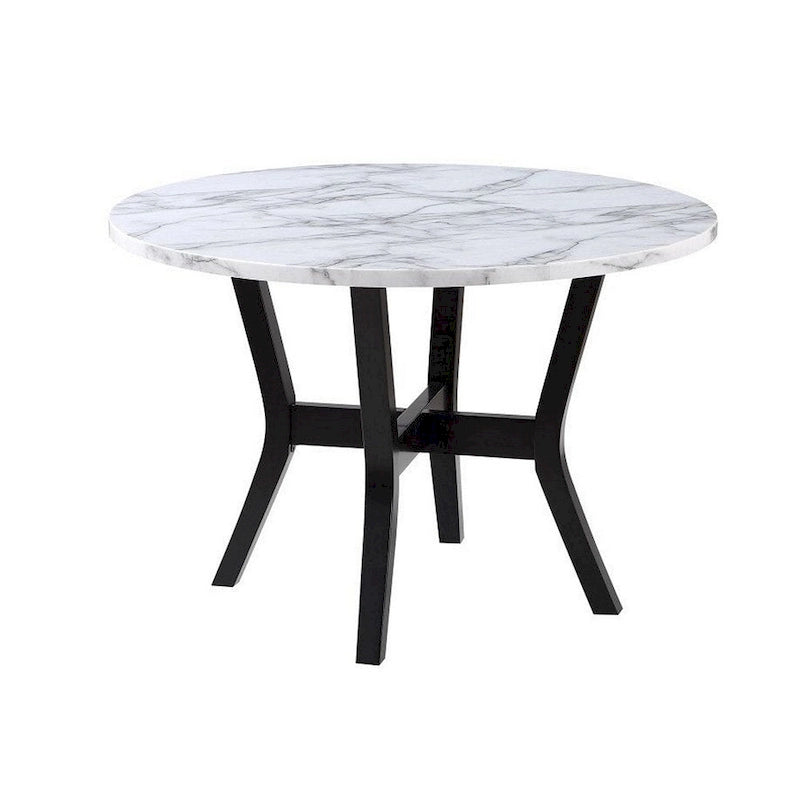 5 Piece Dining Table and Chairs Set, Black Wood, Fabric, Faux Stone Top