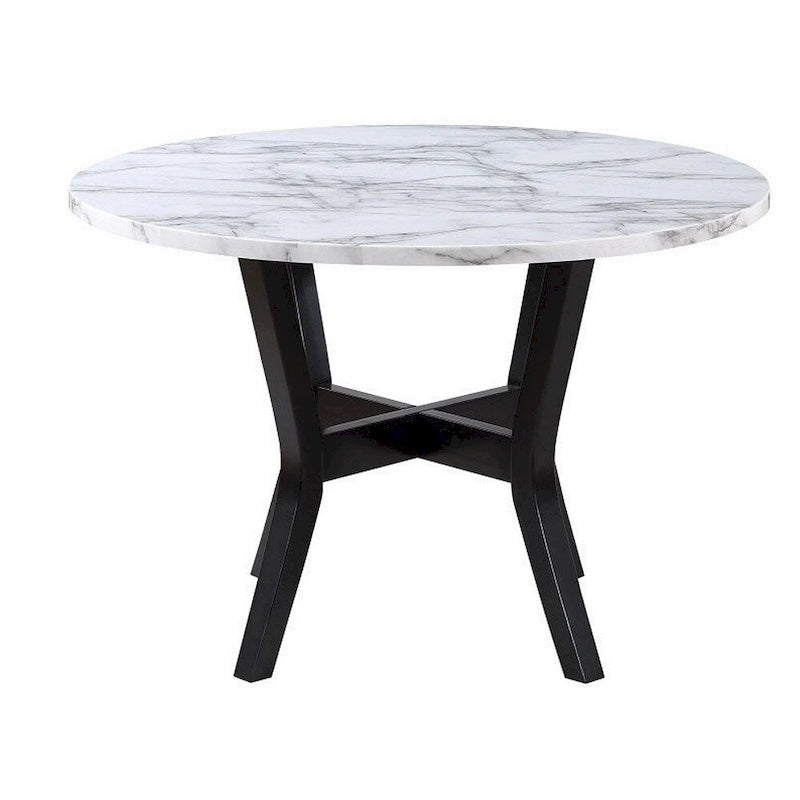 5 Piece Dining Table and Chairs Set, Black Wood, Fabric, Faux Stone Top
