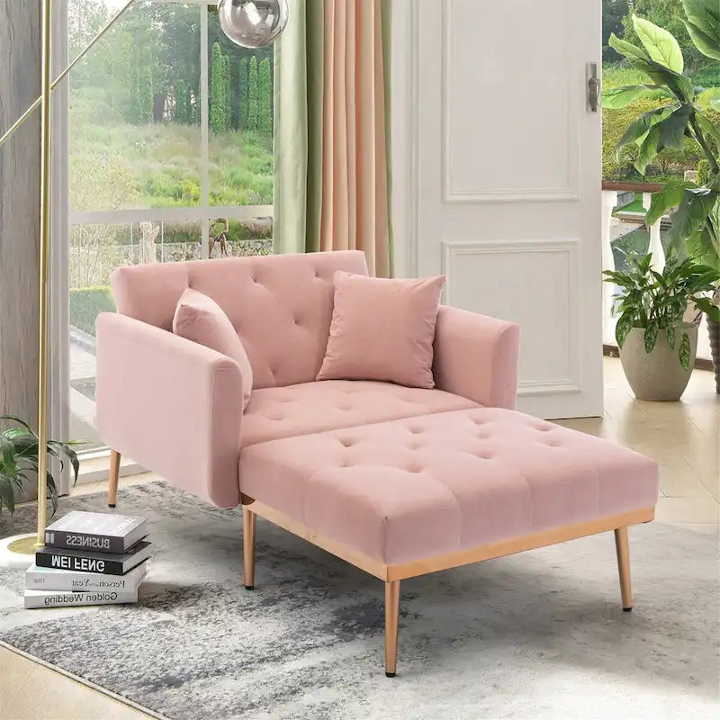 Chaise Lounge Chair Indoor,2 in 1 Velvet Convertible Sleeper Chair w/Ottoman,Lounge Chair w/Adjustable Reclining Backrest