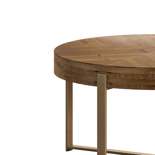 33.86Modern Retro Splicing Round Coffee Table,Fir Wood Table Top with Gold Cross Legs Base